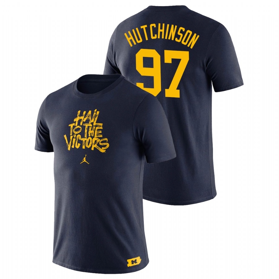 Michigan Wolverines Men's NCAA Aidan Hutchinson #97 Navy Brush Phrase College Football T-Shirt MKH7249TA